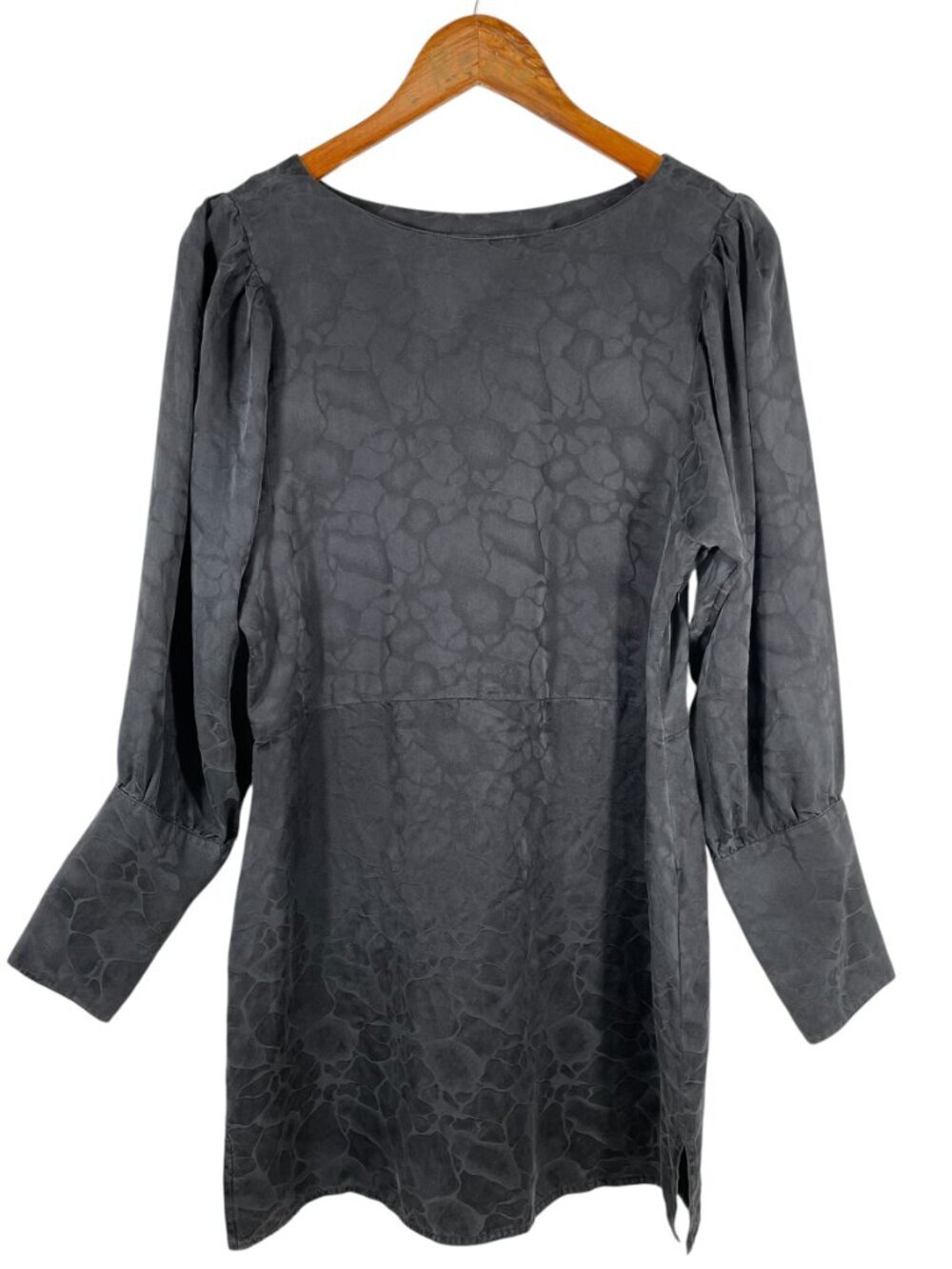 Tucker 100% Silk Charcoal Jacquard Mini Dress Puff Sleeve M - Picture 2 of 15